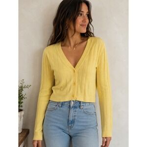 Hailey & Co Cardigan M Butter Yellow Ribbed Button Front Soft Girl Quiet Luxury